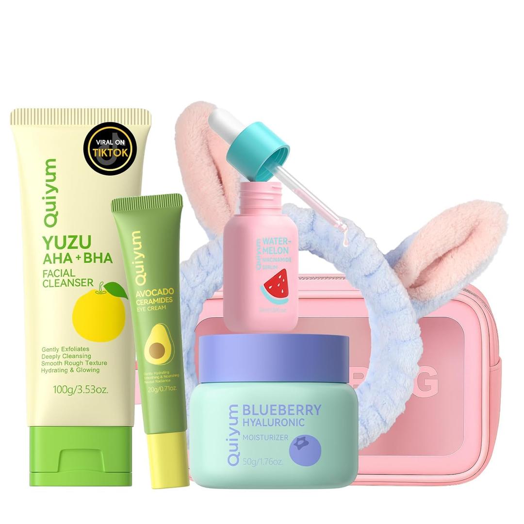 QUIYUM Skin Care Set, Fruit Women Birthday Christmas Beauty Gift Sets, Skin Care Kit with Cleanser, Serum, Eye Cream, Face Cream Travel Kit for Women, Gentle, Full Sizes 4pcs, Stocking Stuffers