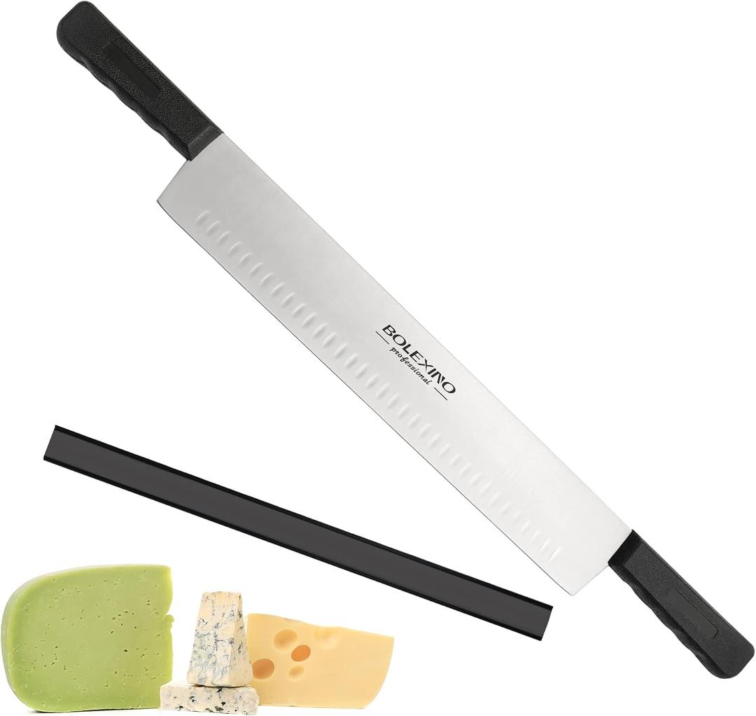 15 Inch Double Handle Cheese Knife for Charcuterie, High Carbon Stainless Steel Blade With 5" Black Plastic Handles Use for Cheese, Cakes, Vegetables, Soaps