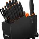 Knife Set, Astercook 15 Pcs Dishwasher Safe Kitchen Knife Set with Built-in Sharpener, High Carbon German Stainless Steel Black Knife Block Set