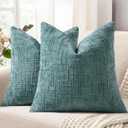 decorUhome Spring Teal Chenille Throw Pillow Covers 16x16 Set of 2 Textured Slubby Couch Pillow Covers Farmhouse Accent Modern Neutral Decorative Pillow Cases for Bed Sofa Living Room
