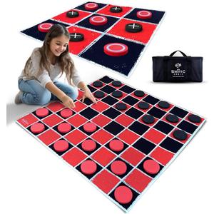 Swooc Games - 2-in-1 Vintage Giant Checkers & Tic Tac Toe Game W/Mat (3ft x 3ft) - 100% Machine-Washable Canvas - Giant Outdoor Games for Kids - Yard Game for Kids - Jumbo Lawn Set - Large Checkers