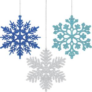 36 Pieces Glitter Snowflake Christmas Decorations Winter Flakes Ornaments Plastic Snowflakes Christmas Tree Hanging Snowflake Decorations for Xmas(Lake Blue, Royal Blue, Silver)