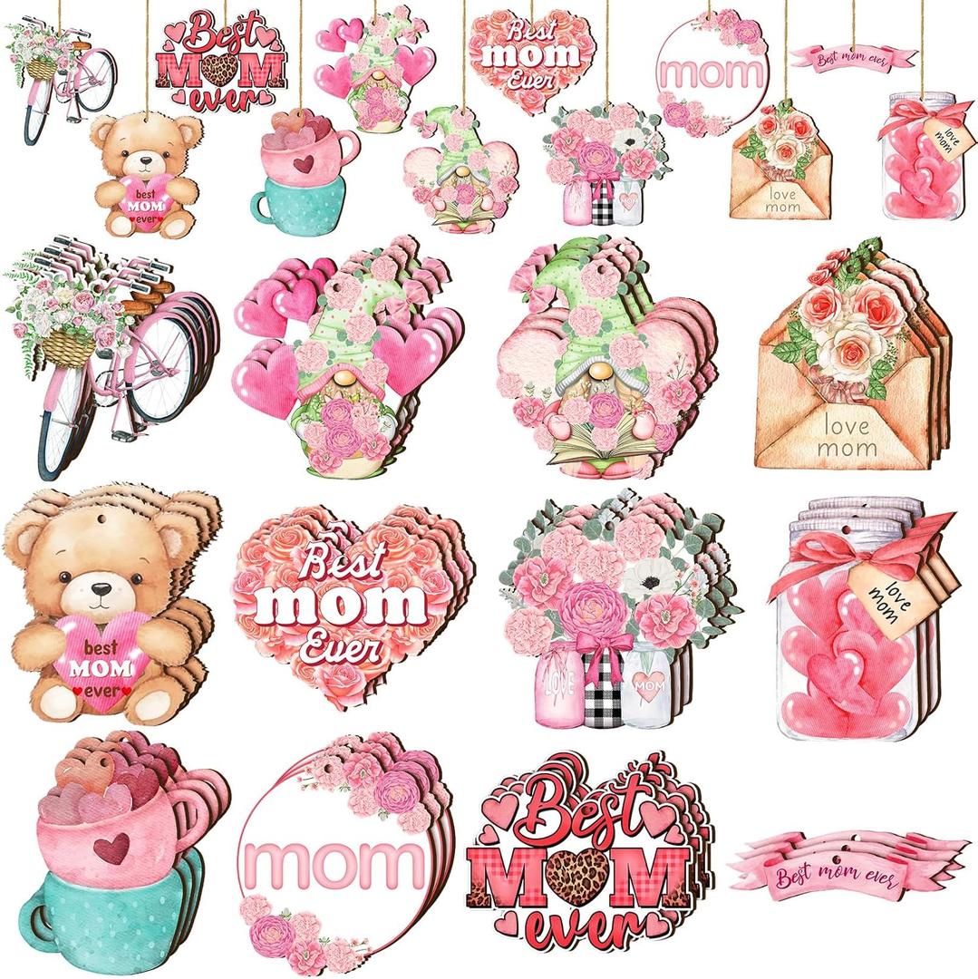 36 Pcs Mother's Day Tree Ornaments Mom Wood Hanging Ornaments with Ropes Mother's Day Slices Tags Pink Flower Love Heat Decoration for Anniversary Birthday Party Tree Home Decor