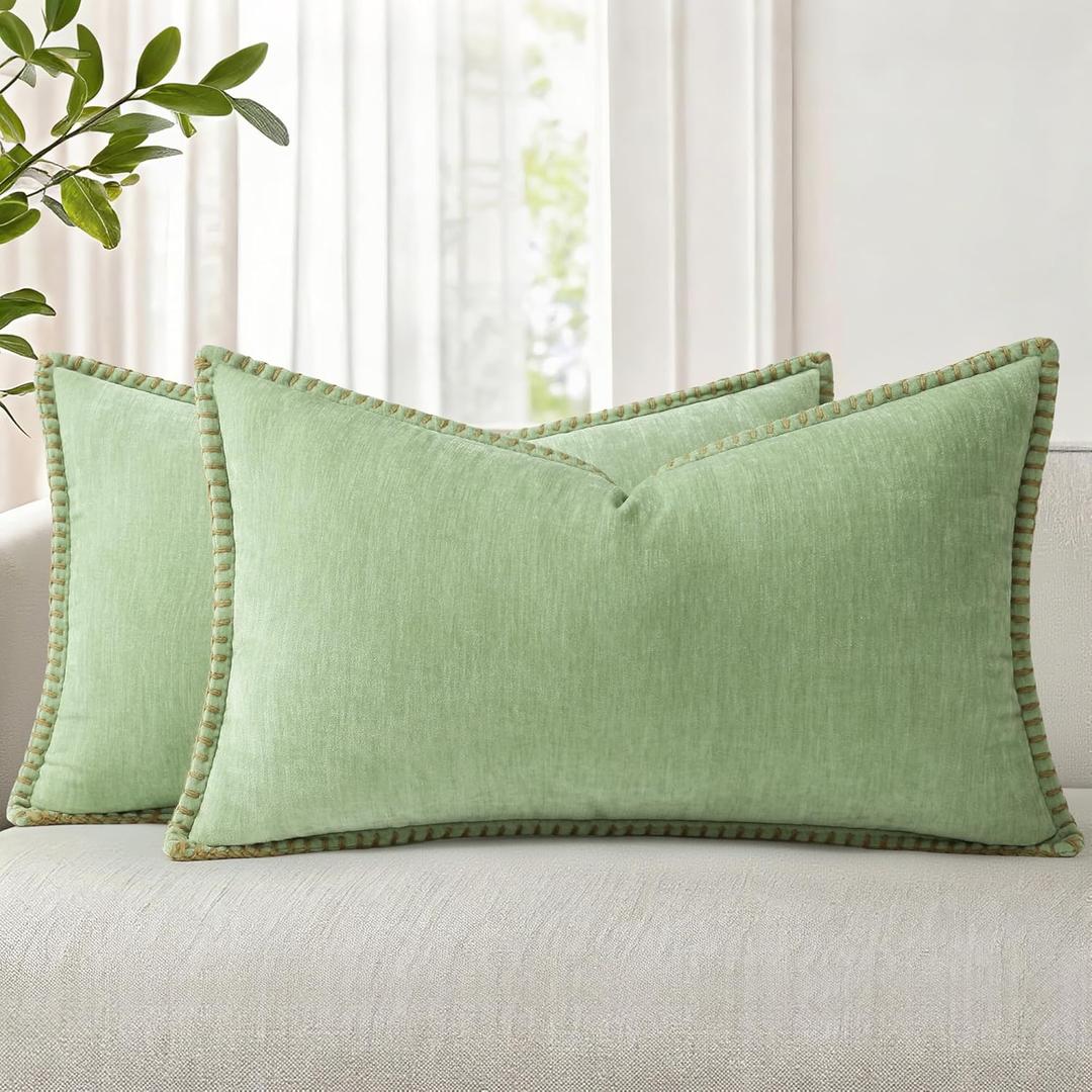 decorUhome Summer Chenille Soft Cozy Throw Pillow Covers 12x20 Set of 2, Modern Farmhouse Boho Velvet Decorative Pillow Cases with Stitched Edge for Couch Sofa Bed Home Decor, Sage Green