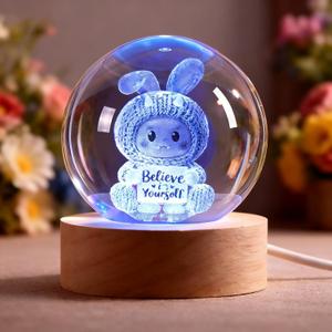 3D Easter Bunny Crystal Ball Night Light-Cute Bunny Gift, 2.4Inch Laser Engraved Glass Sphere with USB LED Base, Crystal Night Lamp for Bedroom Desk