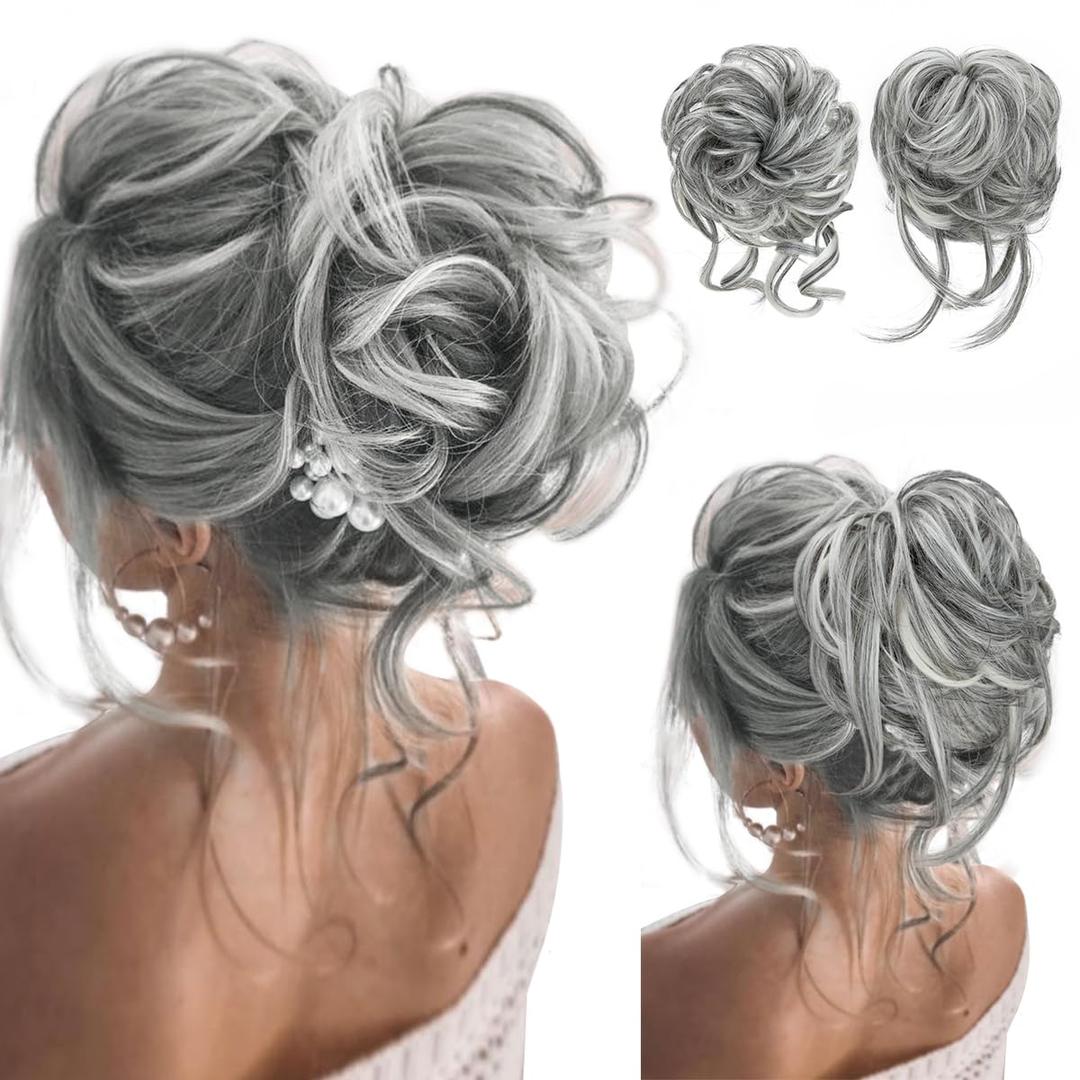 SARLA 2PCS Grey Messy Bun Hair Pieces for Women Wavy Curly Synthetic Hairpieces for Updos with Tendrils Fake Scrunchies Ponytail Extension Dark Grey