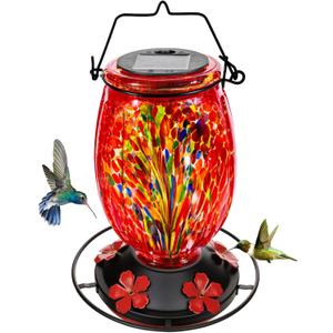 Solar Hummingbird Feeder for Outdoors Hanging Patio Designed 32 Ounces Colorful Hand Blown Glass Hummingbird Feeder 5 Feeding Ports with Perch Never Leak (Red)