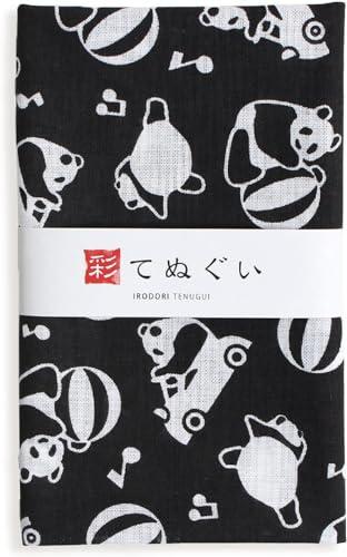 KOMESICHI irodori Japanese Traditional Towel Tenugui Panda (Black) 12.99 x 34.64 in with Tenugui Iroha (English Manual) Without Fray Prevention