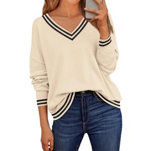LILLUSORY Women V Neck Sweaters Oversized Striped Pullover Drop Shoulder Long Sleeve Knit Fall Fashion Outfits Clothes Top Apricot Small