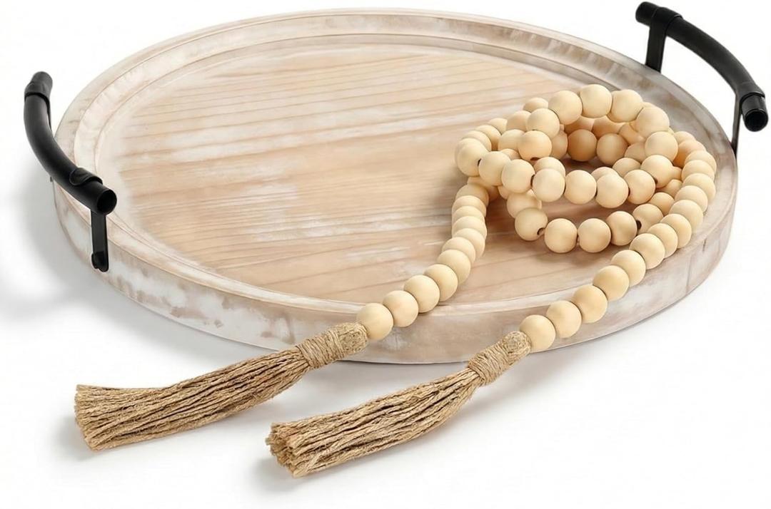 Decorative Round Tray with Bead Garland, 13 Inch Whitewashed Farmhouse Coffee Table Centerpiece, Wooden Decor Tray with Handles for Kitchen Island & Entryway