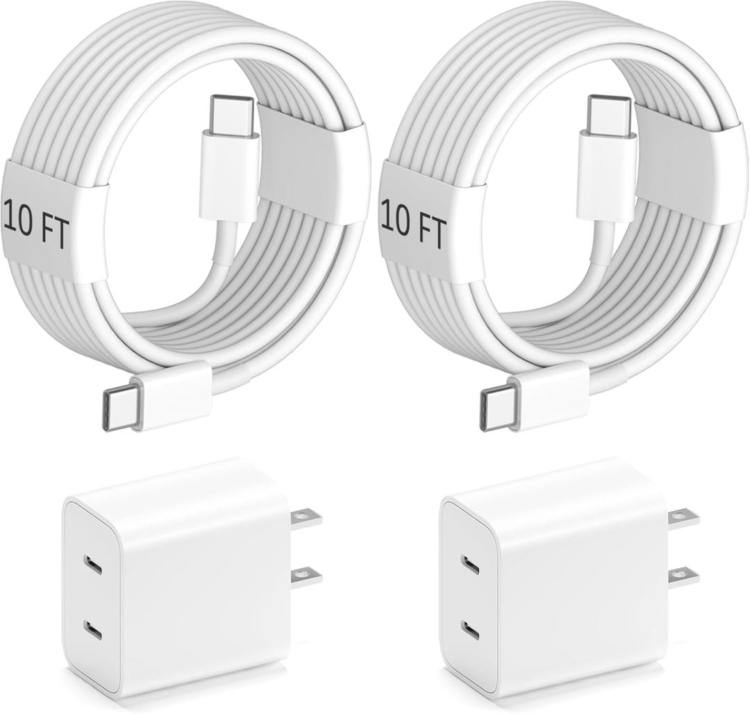 10ft Cable for Apple iPhone 16 15 Charger, Dual C Fast Charging, 2in1 Double C Fast Charge Block with Long USB C to C Charge Cord for iPhone 16 Pro Max/16 Pro/16/16E, 15 Pro Max/15 Pro/15 Plus, 2Pack