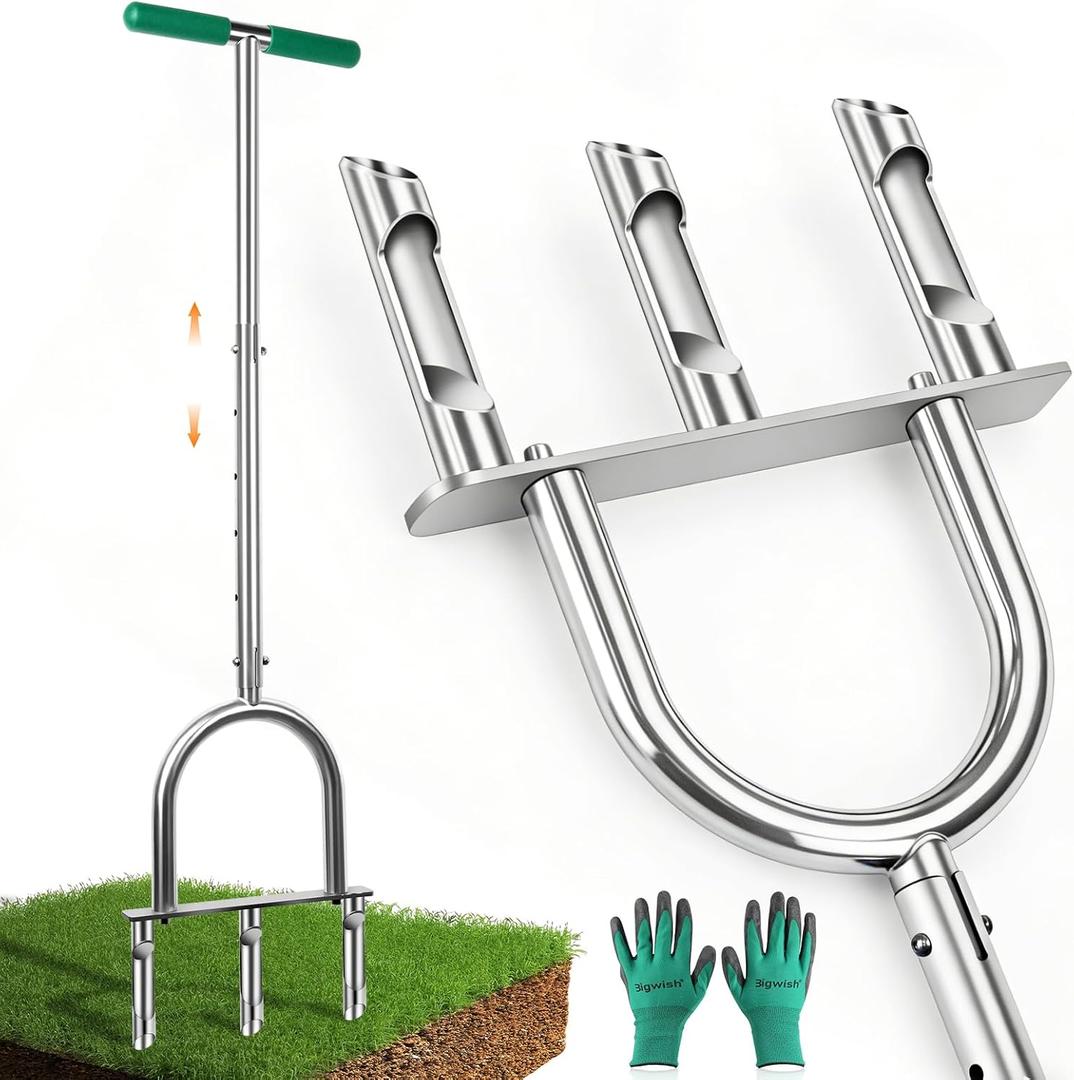 Manual Lawn Aerator Tool with 3 Hollow Tines, Adjustable Height Stainless Steel Core Aerator, Heavy Duty Plug Aerator for Lawn Soil Compaction Relief, Yard Aeration Tool