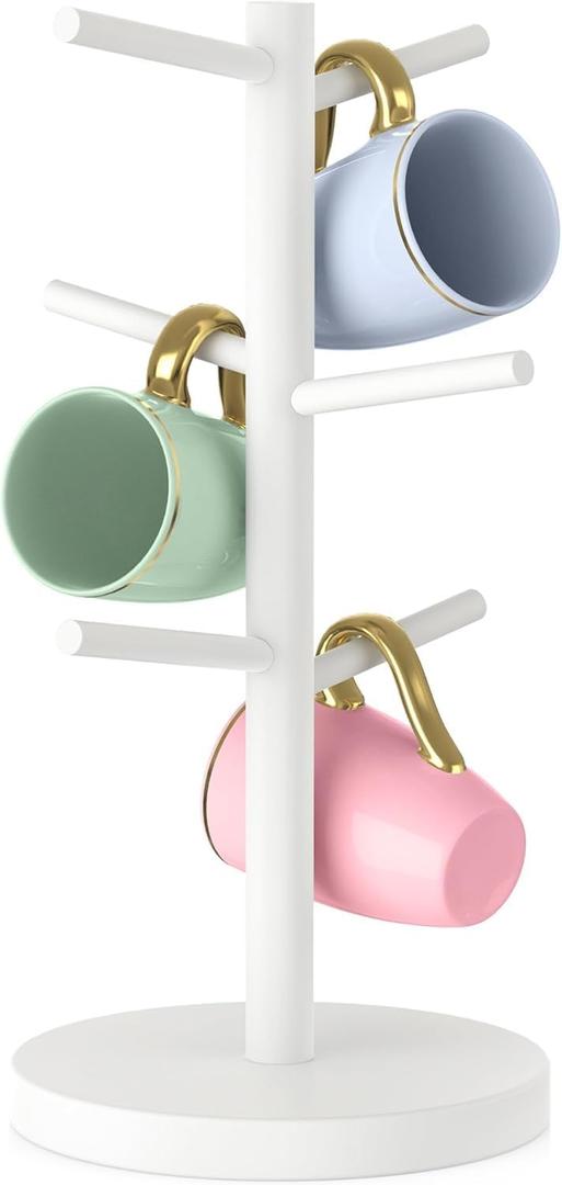 Wisuce Coffee Mug Holder Tree Upgraded 360Rotated Cup Holder for Counter Black Wood Cup Tree Mug Rack Organizer Stand with 6 Hooks for Kitchen Coffee Bar Accessories