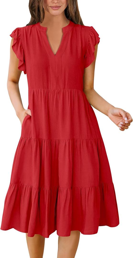 ANRABESS Womens Summer Dress Ruffle Sleeve V Neck Midi Dresses Fashion Casual Fit Flowy Tiered Boho Beach Vacation Sundress (Medium)