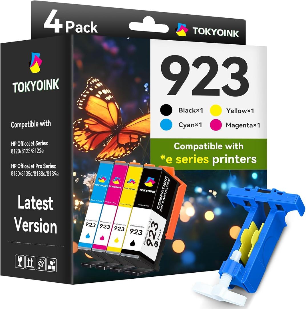 TOKYOINK 923 Ink Cartridges Combo Pack Replacement for HP 923 Ink Cartridges Work for OfficeJet Pro 8120 8122 8122e 8123 8124 8125 8130 8132 8134 8135e 8138e 8139e Printer Without Chip (4 Pack)
