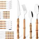 Bamboo Handle Silverware Set, 24-Piece Flatware Set for 6, Stainless Steel Cutlery Eating Utensils Include Forks Spoons and Knives for Daily Use and Party, Reusable and Modern Design