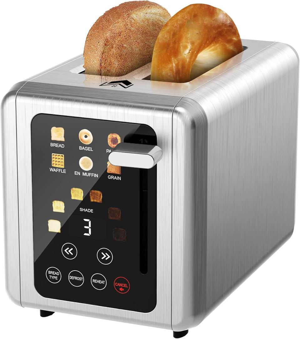 Touch screen Toaster 2 slice,Stainless Steel Digital Timer Toasters with Sound Function,6 Bread Types & 6 Shade Settings,Smart Extra Wide Slots Toaster with Bagel,Defrost Functions,Platinum