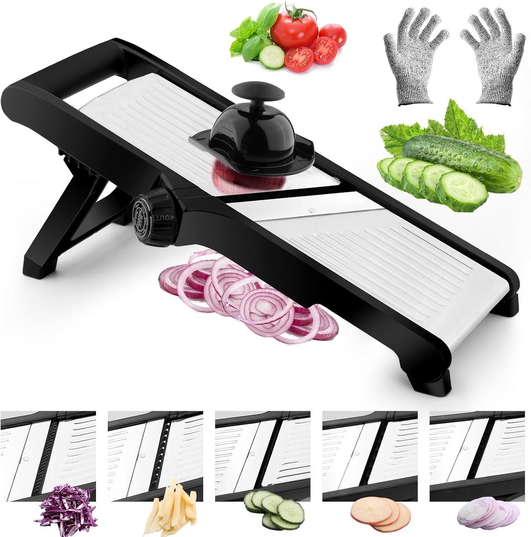VEKAYA Mandoline Slicer for Kicthen,Adjustable Vegetable Slicer,Food Chopper,Potato Slicer,Mandolin,Tomato Slicer,Veggie Cutter,Stainless Steel Professional with Safety Gloves (Black/Silver)