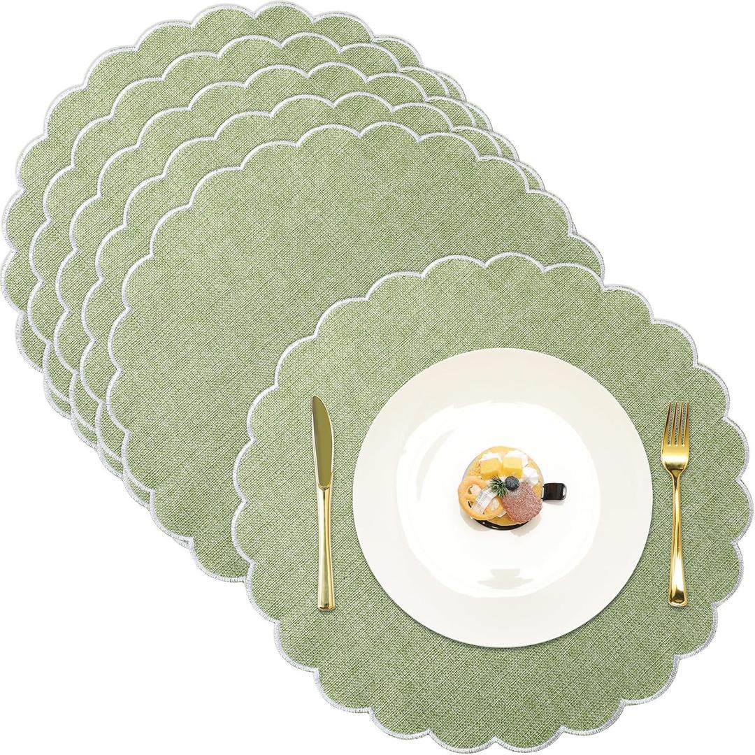 Set of 6 Round Placemats 15 Inch Cotton Scalloped Embroidery Placemat Washable Double Layered Rustic Dinner Table Mat Decor Fabric for Hotel Restaurant Kitchen(Green/White,Classic)