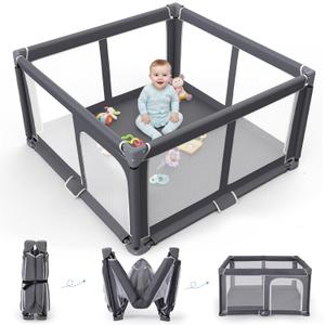 Foldable Baby Playpen - 50"x50" Safety Play Yard for Babies & Toddlers - Indoor & Outdoor Use with Carry Bag - Collapsible, Portable Play Yard, Dark Gray