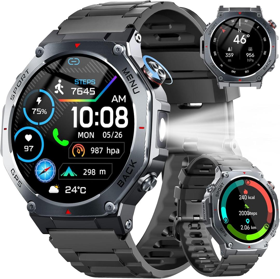 Military Smart Watch for Men Built-in GPS with LED Flashlight Compass, 1.43" AMOLED Display 5ATM Waterproof Fitness Tracker with Heart Rate/Sleep/Blood Oxygen, Watches for Android/iPhone, Black