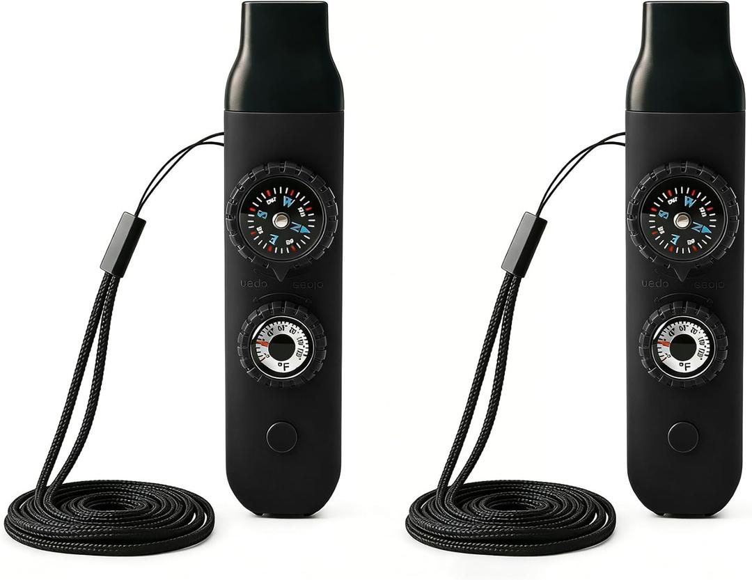 Multifunctional Survival Emergency Whistle for Kids with Compass Hiking Survival, Thermometer & Neck Lanyard | Emergency Safety Gear for Hiking, Camping, Kayaking, Boating, Climbing (obsidian black2pcs)