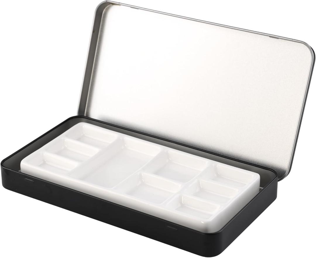 Travel Watercolor Palette, Portable Ceramic Palette 9 Well, Watercolor Palette with Lid, Empty Wet Palette Metal Paint Box with Porcelain Palettes(Black Box)