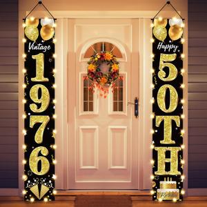 50th Birthday Party Banner Lighted Decorations for Men and Women - Black Gold Vintage 1976 50th Birthday Door Banners with LED Light, Fifty Years Birthday Party Supplies for Indoor Outdoor Decor