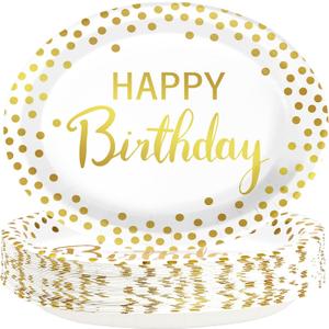 50Pcs Gold Birthday Oval Paper Plates 10" x 12" Large Heavy Duty Disposable White Gold Happy Birthday Theme Decorations Golden Dessert Party Plate for Women Men Winter Xmas Eve Holiday Party Supplies