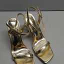 GENSHUO Women's Square Toe Strappy Stiletto Heels,4 Inch Open Toe Heel Sandals Ankle Strap Buckle Sexy High Heeled Prom Party Wedding Daily Wear Dress Shoes (8.5, Gold)