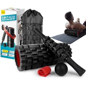 Krightlink 5 in1 Foam Roller Set for Deep Tissue Muscle Massage, High Density Fitness Exercise Foam Roller, Massage Roller, Massage Ball, Resistance Band, for Whole Body (Black)