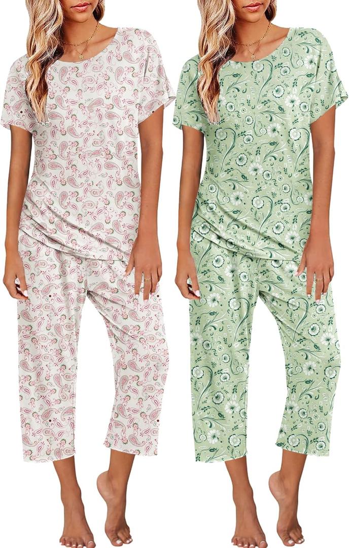 Ekouaer 2 Pack: Womens Pajamas Short Sleeve Sleepwear Tops and Capri Pants Pjs Print Pajama Sets (Large, Green Flowersbeige Flowers)