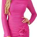 CCTOO Womens Sexy Ruched Bodycon Dress 3D Flower Long Sleeve Half-high Collar Club Party Mini Fitted Dress (XL)