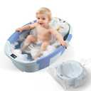 TOSGN Collapsible Baby Bathtub, 3s to Install, Baby Bath Tub with Soft Cushion & Thermometer, 0-36 Months Newborn Bathtub,Portable Travel Baby Tub, Blue