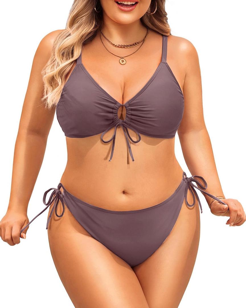 Daci Women's Plus Size Triangle Bikini Set, Sexy Tie Front Two-Piece Swimsuit (Brown)
