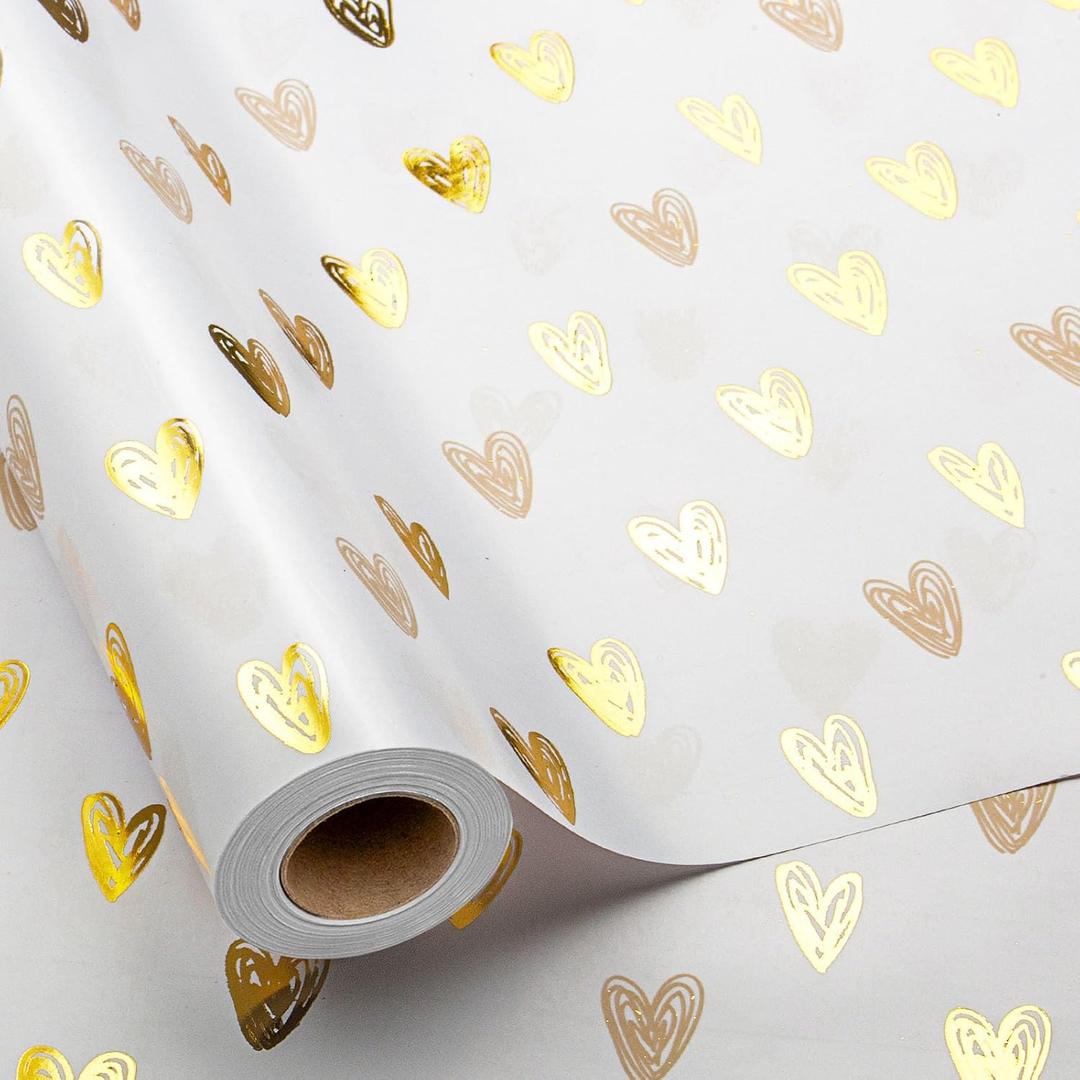 MAYPLUSS Foil Hearts Wrapping Paper Roll - 17 Inch X 33 Feet - Luxury Metallic Golden Heart Design Holiday Gift Wrap Present Paper for Valentines Day, Birthdays, Wedding, Anniversaries