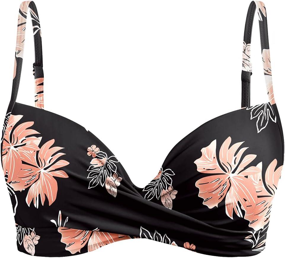Aqua Eve Women Underwire Bikini Top Only - 2025 Push Up Swim Top Padded Bra Swimsuit (XX-Large, Black Floral)