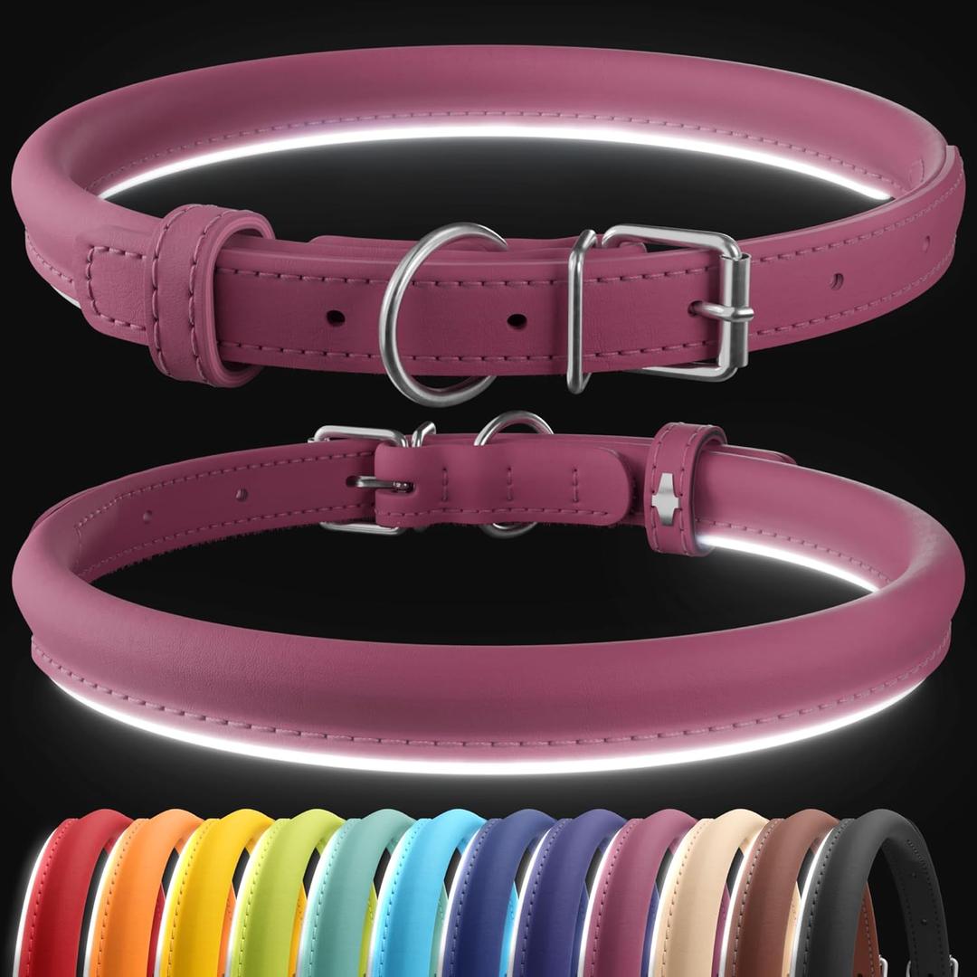 CollarDirect Reflective Rolled Leather Dog Collar, Soft Padded Round Puppy Collar, Handmade Genuine Leather Collar Dog Small Large Cat Collars 13 Colors (8-11 Inch, Pink Smooth)