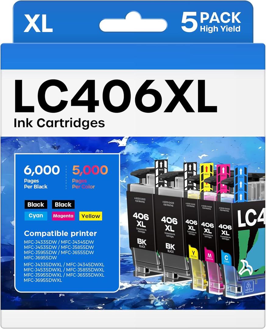 LC406XL Ink Cartridges for Brother Printer Compatible Replacement for LC406 XL LC406XL LC406 for Brother MFC-J4335DW MFC-J6555DW MFC-J5855DW MFC-J4535DW MFC-J6955DW MFC-J5955DW (5 Pack, 2BK/M/C/Y)
