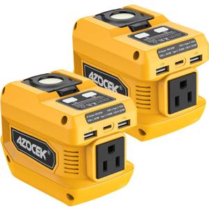 220W Power Inverter Compatible with Dewalt 20V Battery, DC 20V to AC 110V Portable Power Station with 1 AC Outlet, 2 USB Ports & 1 Type-C Fast Charging, 400LM LED Work Light (2-Pack) (Yellow)