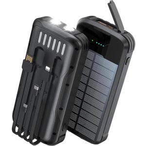Solar Power Bank 40000mAh PD20W Fast Charging Portable Solar Charger | Built-in 4 Cables, 3 Ports, Dual Bright Flashlight, External Battery Pack for Camping, Hiking, and Outdoor Use, Black