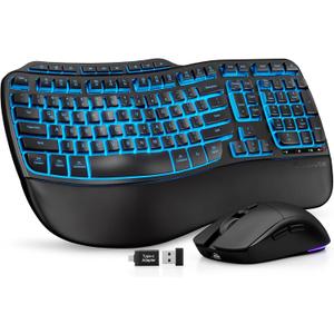Ergonomic Wireless Keyboard and Mouse Combo, Rechargeable 4000mAh Backlit Keyboard with a Soft, Faux Lambskin Palm Rest, Wave Keys for Natural Typing, Compatible with Windows/Mac/Chromes OSSABLUTE