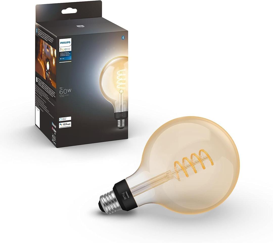 Philips Hue Smart 60W G40 Filament LED Bulb - White Ambiance Warm-to-Cool White Light - 1 Pack - 550LM - E26 - Indoor - Control with Hue App - Works with Alexa, Google Assistant and Apple Homekit