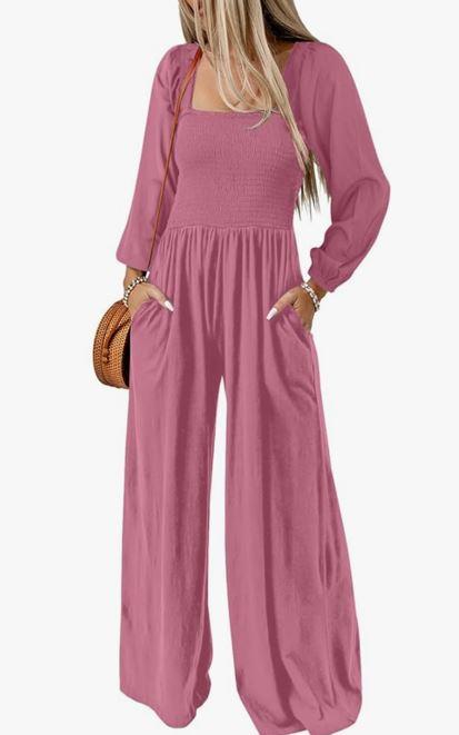 Dokotoo Women's Casual Loose Overalls Jumpsuits One Piece Long Sleeve Wide Leg Long Pant Rompers With Pockets Size M