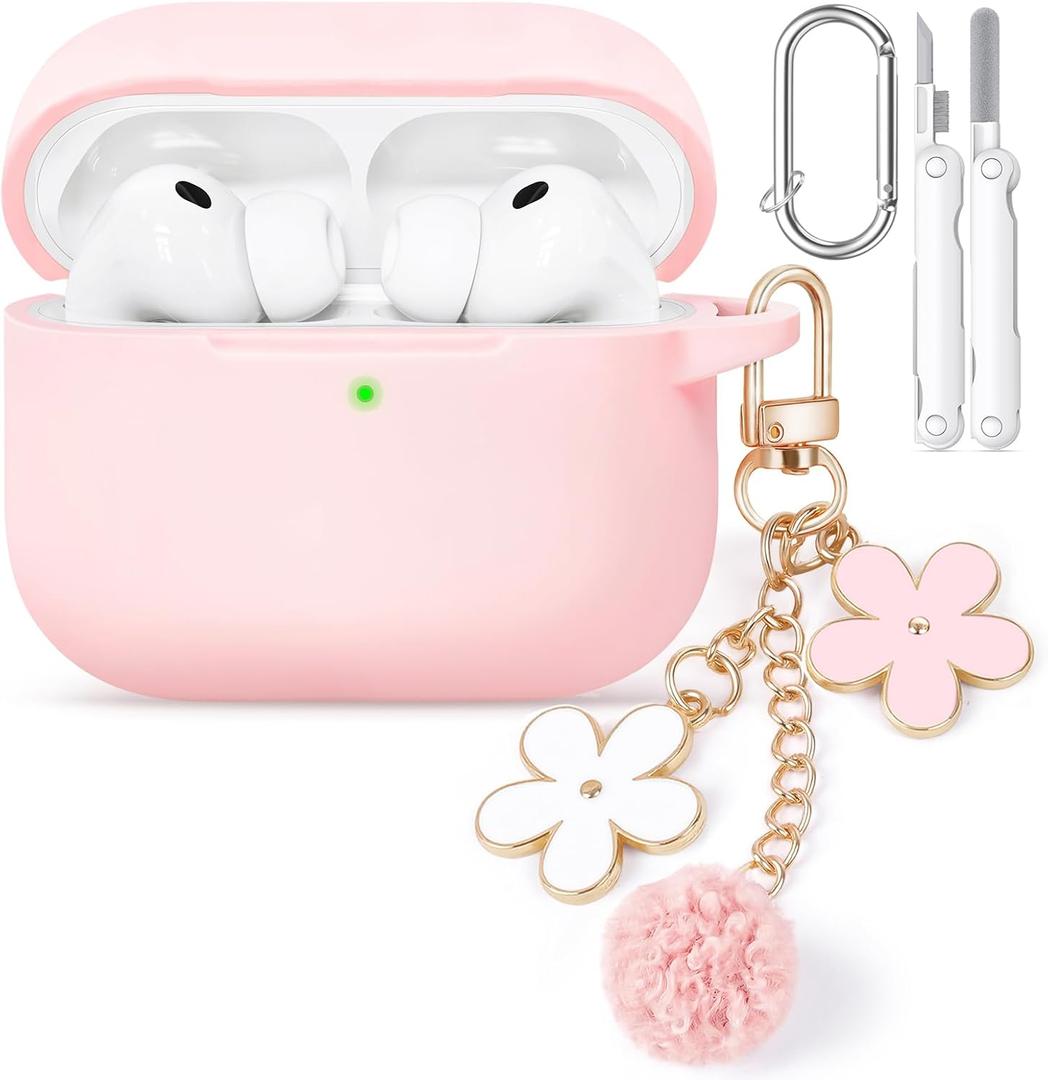Wowwat for AirPods Pro 3 Case Cover 2025, Soft Pink Silicone Protective Shell Compatible with Apple AirPods Pro 3 Generation Case for Women Girly with Flower Chain, Keychain & Cleaner Kit-Pink