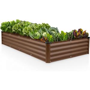 Plant & Plot Galvanized Raised Garden Beds Outdoor // 8×4×1 ft Planter Raised Beds for Gardening, Vegetables, Flowers (Dark Wood Grain) // Large Metal Garden Box // Patented Tool-Free Design