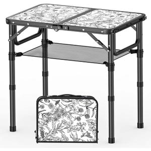 Toile de Jouy-Inspired Camping Table, Vintage French Floral Pattern Folding Table, Adjustable Height, Lightweight & Portable Outdoor Picnic Table with Carry Handle for Patio, Living Room, Travel