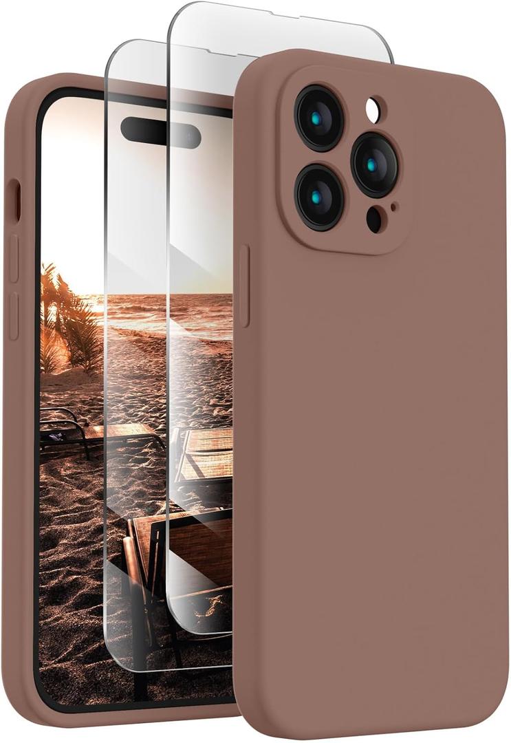 FireNova Designed for iPhone 14 Pro Max Case, Silicone Upgraded [Camera Protection] Case with [2 Screen Protectors], Soft Anti-Scratch Microfiber Lining Inside, 6.7 inch, Light Brown