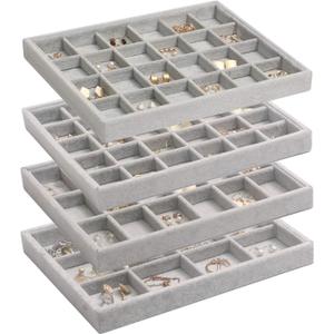 DIOMMELL Set of 4 Stackable Velvet Jewelry Trays Organizer, Jewelry Display Storage Box Showcase Holder Dresser Drawer Organizer for Earring Necklace Bracelet Ring Accessary, Grey
