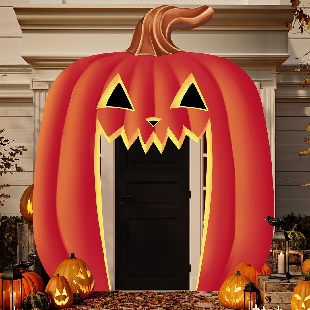 Halloween Outdoor Decorations Door Cover Large Banner Sign Pumpkin Archway Front Decorations Halloween Grimace Door Banner Sign for Outside Porch Yard Decoration, 110 x 94 Inch